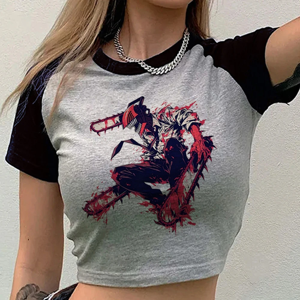Chainsaw Man cropped top teen 2000s y2k baddie cute graphic t-shirt vintage cute cutecore party summer