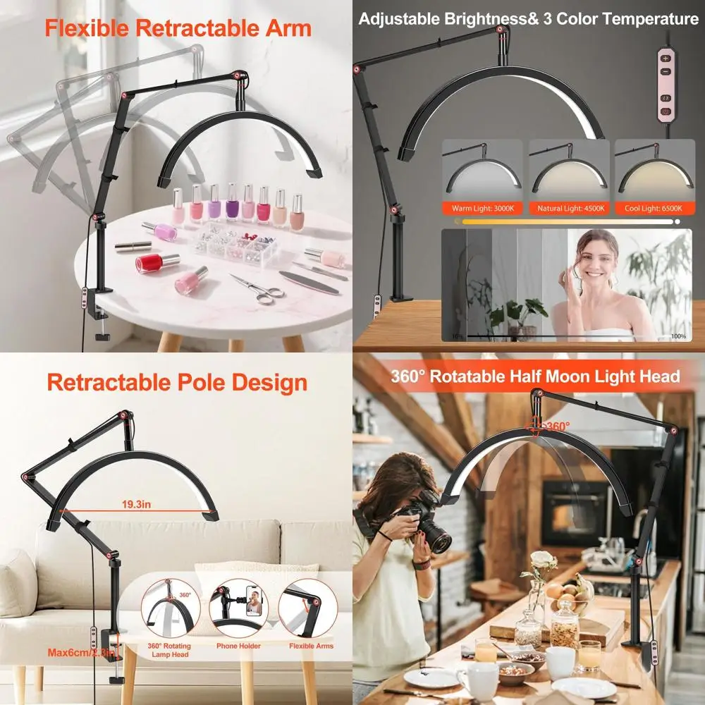 

Регулируемая светодиодная настольная лампа с 10 уровнями яркости и 3 цветовыми режимами для работы, макияжа, нейл-арта и тату (черная)