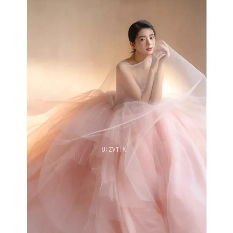 Simple Pink Strapless A Line Tulle Wedding Dress Korea Photo Shoot Puffy Princess Ball Gown 2025 New Party Evening Customized