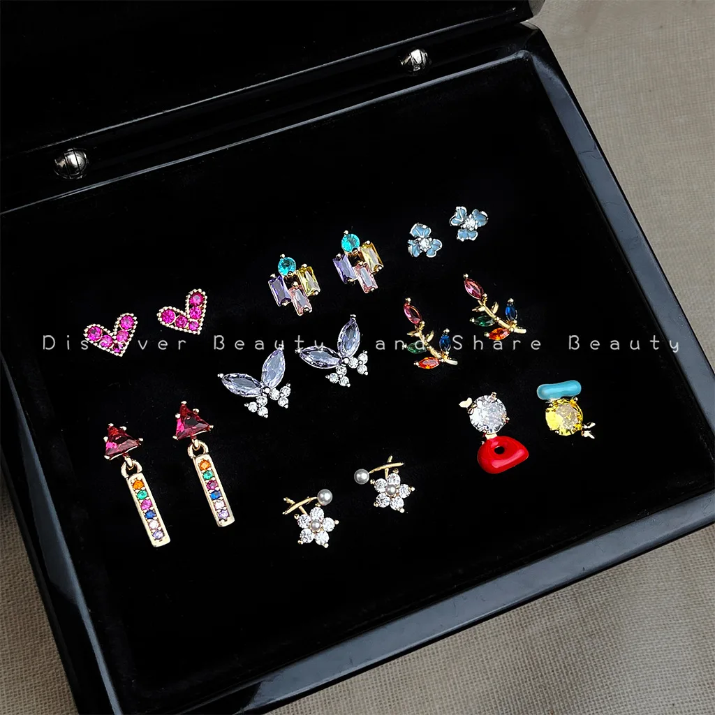 

DIY accessories Super fairy sweet color zircon love stud earrings female Korean simple fashion temperament flower geometric earr