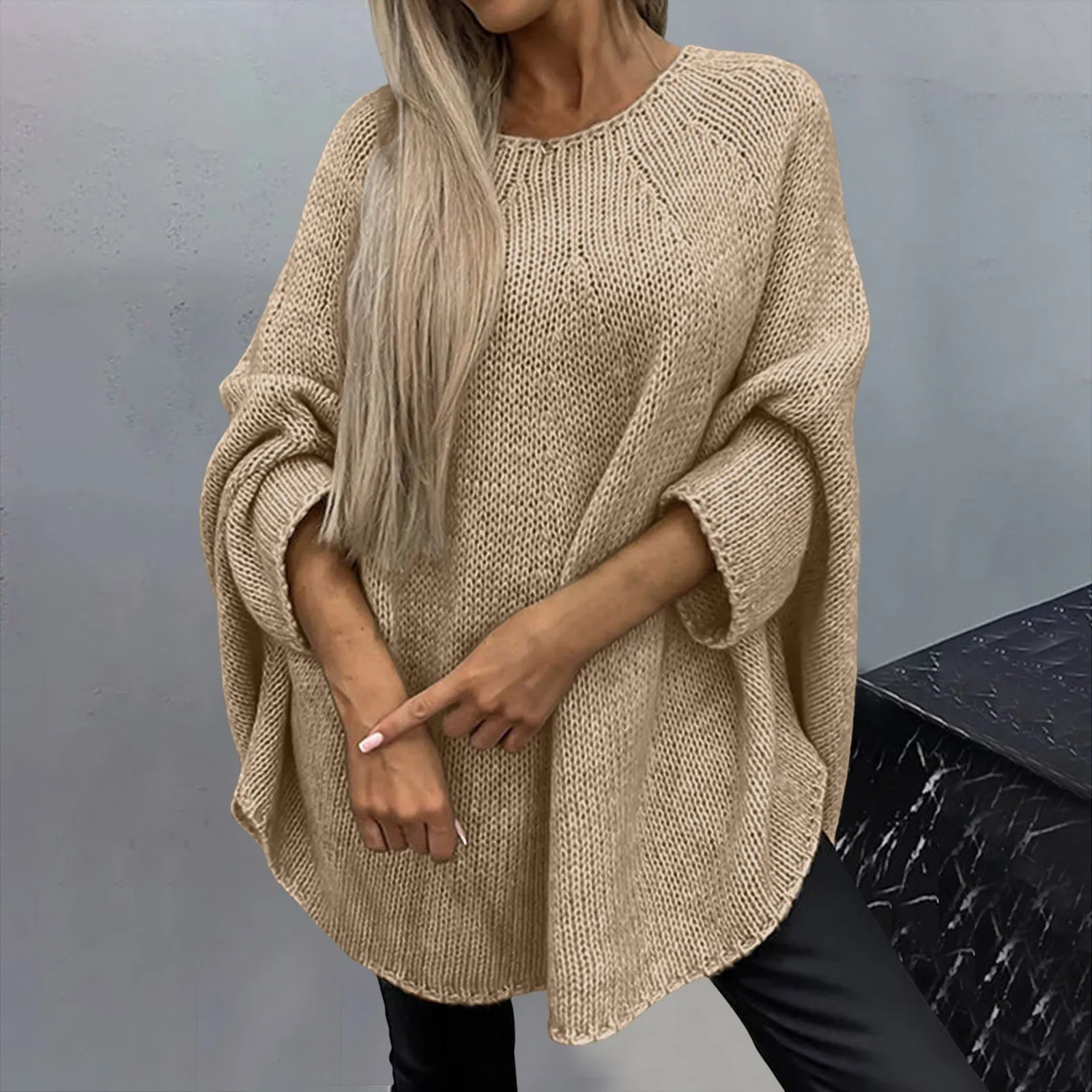 New Knit Sweater For Women Fashion Poncho Pullover Solid Color Round Neck Long Sleeve Loose Knitwear Plus Size Casual Tops