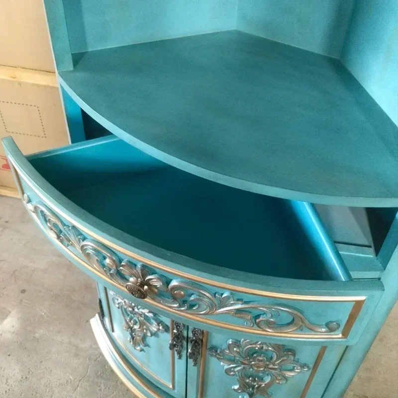 TAO Tao 90 Degree Right Triangle Vintage Distressed Gold Blue Tall Wine Cabinet Corner Cabinet