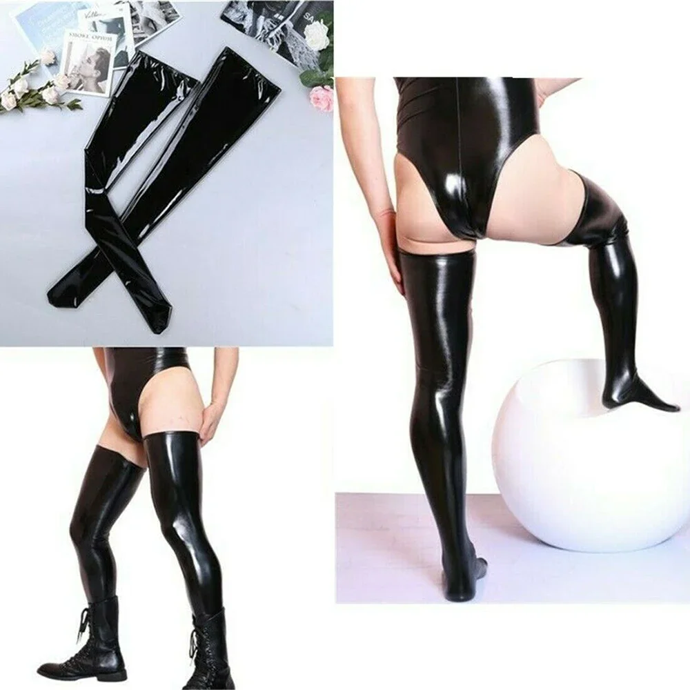 

Men's Wet Look Latex Leather Thigh High Footed Stockings Tights Socks Erotic Slimming Glossy Clubwear Cosplay Adult Lingerie