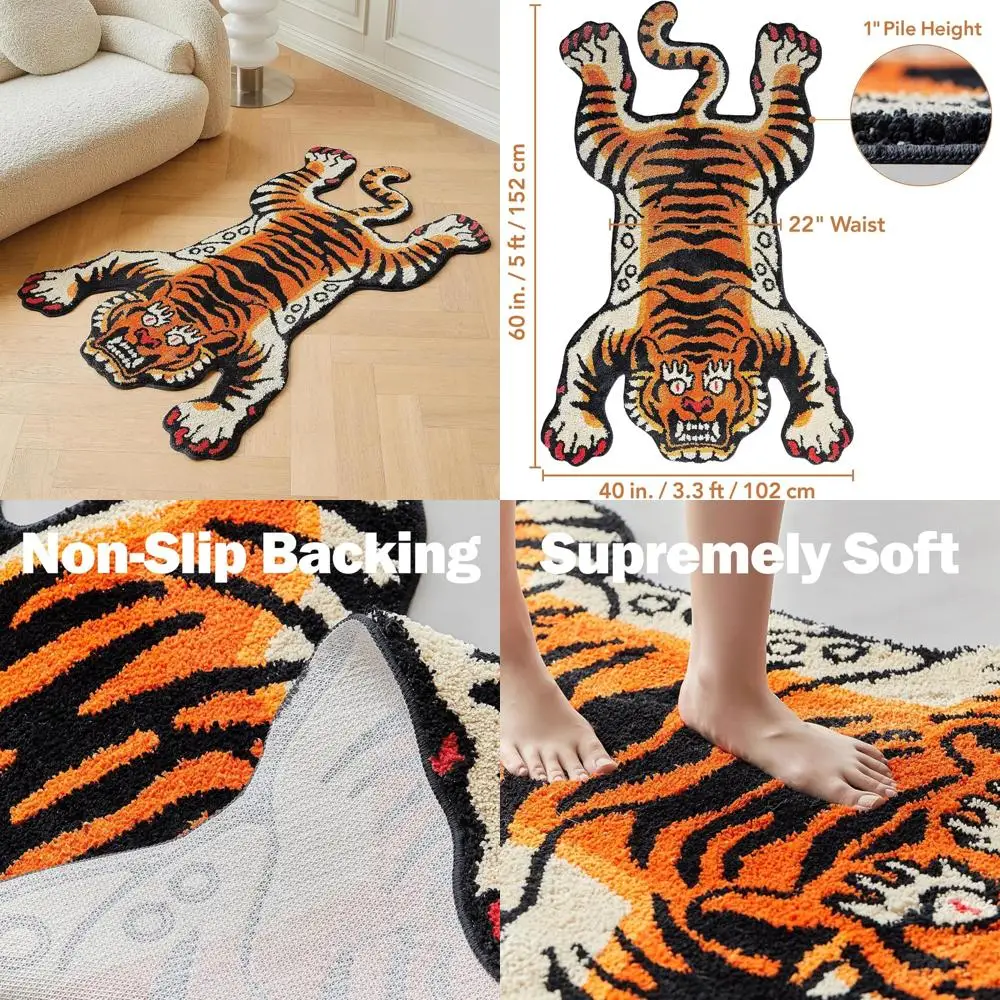 

5x3.3 ft Tibetan Tiger Area Rug Tufted High Pile XLarge Indoor Machine Washable Carpet with Nonslip TPR Backing - Bedroom, Bathr