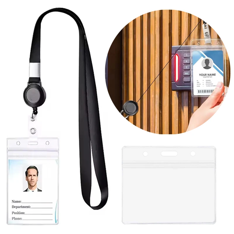 1/2/3/6PCS Transparent Card Sleeve Waterproof Transparent PVC Card Holder with Black Hang Rope Vertical Horizontal Available ZYF