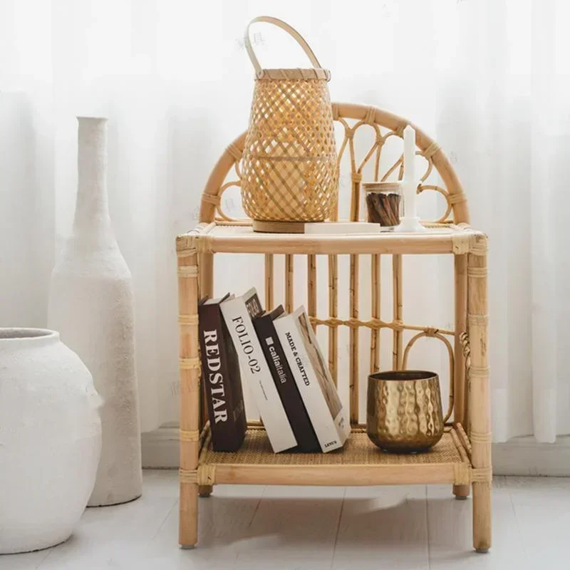 Aesthetic Coffee Table Nordic Bedside Table Small Rattan Storage Rack Natural Wood Color Elegant Nightstand Stylish Side Table