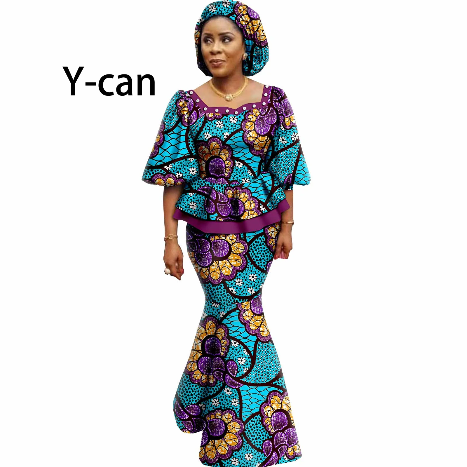 African Women 2 Piece Set Dashiki Draped Puff Sleeve Printed Top with Mermaid Skirt with HeadWrap Date Evening Event Y2226005