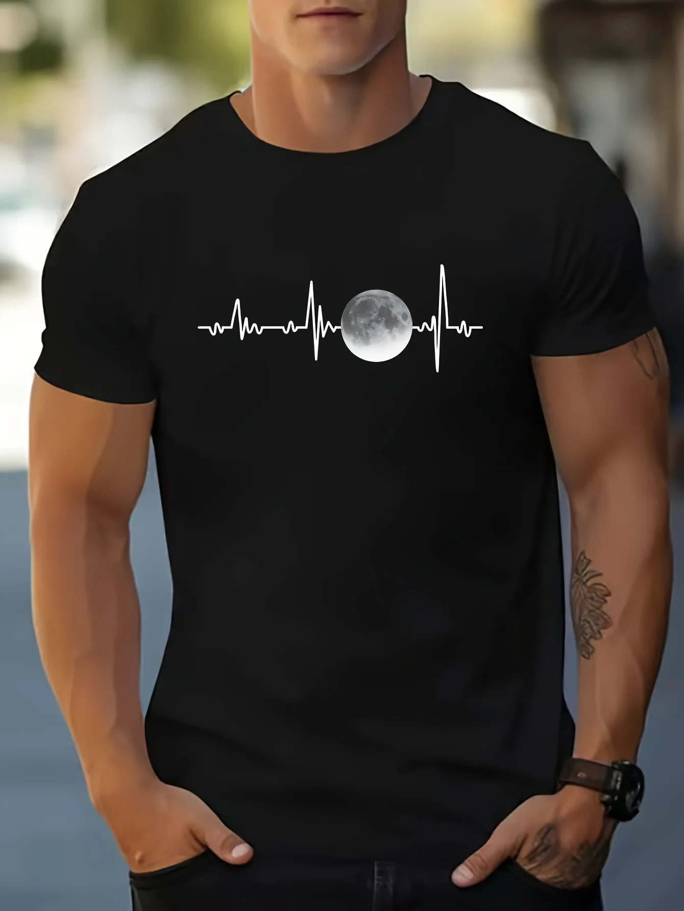 Men's Summer 100% Cotton ECG Moon Graphic Printed Fashion Casual Sports Loose Round Neck Short Sleeve T-shirt