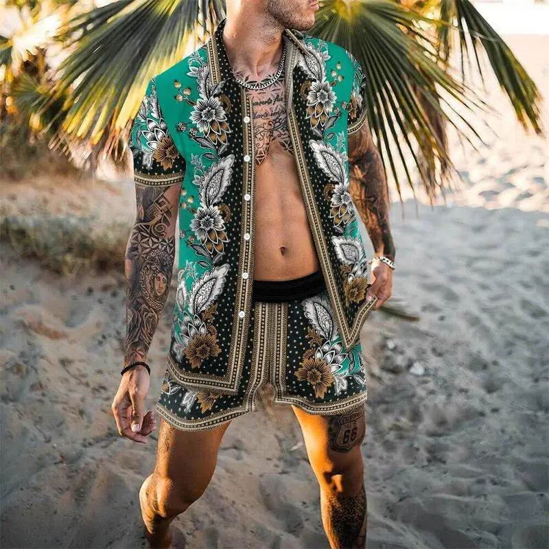 

2025 Summer Amazon Men's Shirt Casual Loose Short Sleeve Shorts Beach Suit