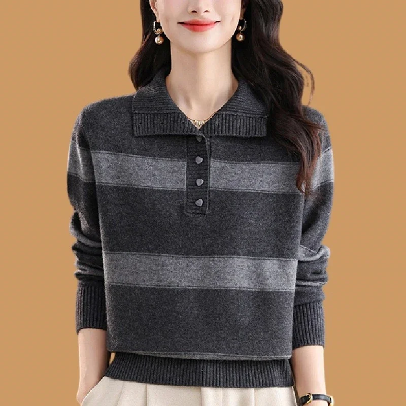 

Autumn and Winter Polo Collar Sweater New Loose Fashion Striped Top Knitted Style Sweater
