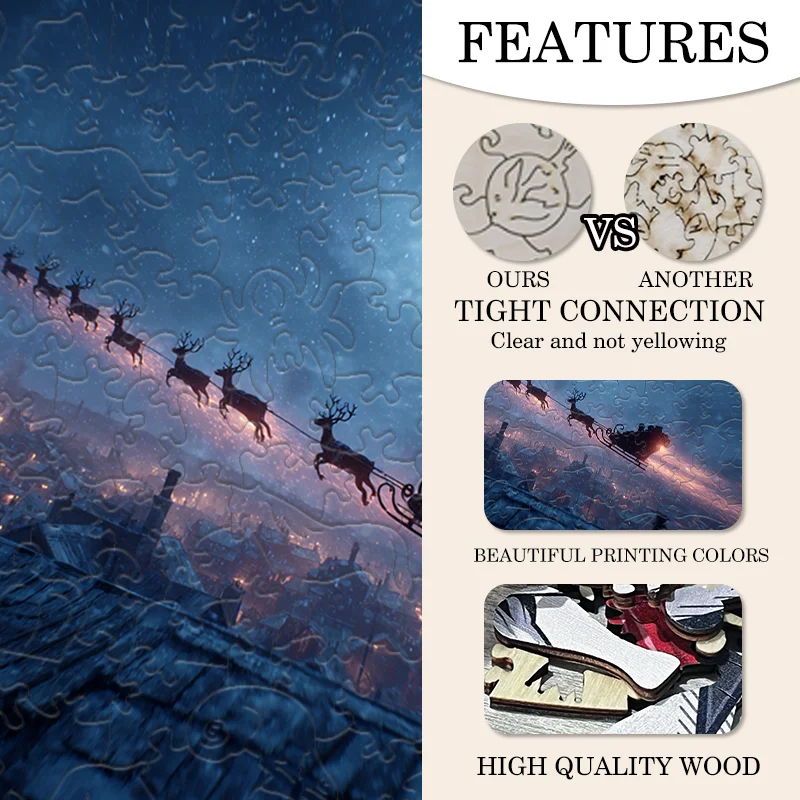Rompecabezas de madera de Papá Noel y Reno bajo el cielo estrellado, divertido juego de fiesta, manualidades educativas DIY para adultos.