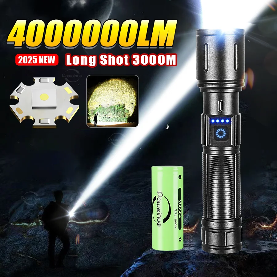 

Most Powerful LED Flashlights Ultra Bright 4000000LM Tactical Torch Rechargeable Long Range 3000M Portable Lamp Camping Lantern