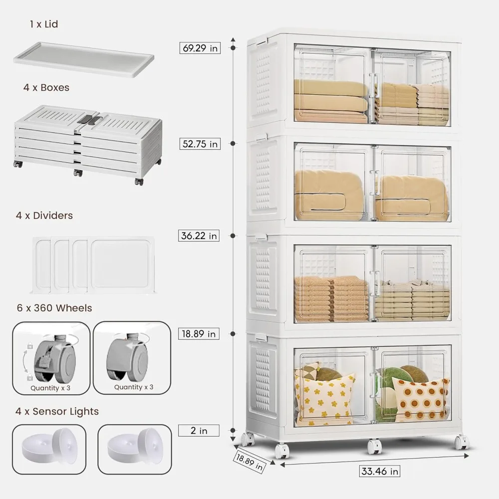 Bacs de rangement empilables avec couvercles et portes, capacité de 752 litres, stockage de 188 gallons, lumières à capteur de mouvement, grand contrôle pliable