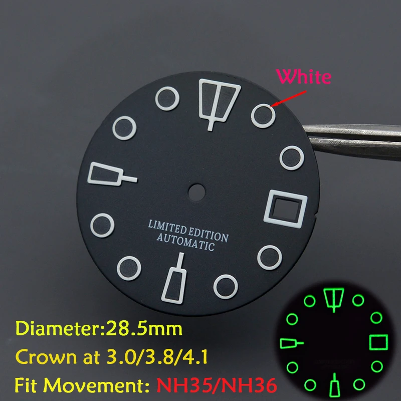 28.5mm Matte Black Watch Dial Fit SKX007 SKX009 6105 SRPD Tuna Monster Turtle Watch For NH35 NH36 Movement With Super C3 Green