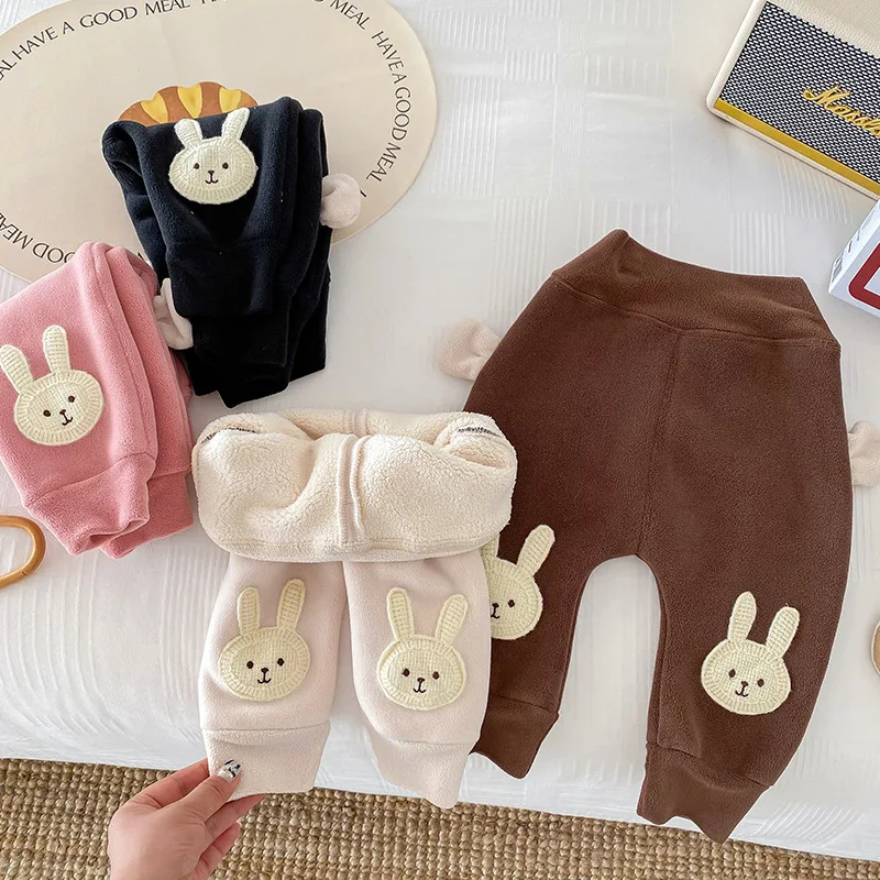 Autumn Winter Newborn Girls Pants Cotton Plus Velvet Cartoon Rabbit Baby Girls Trousers Thickened Warm Toddler Girls Pants