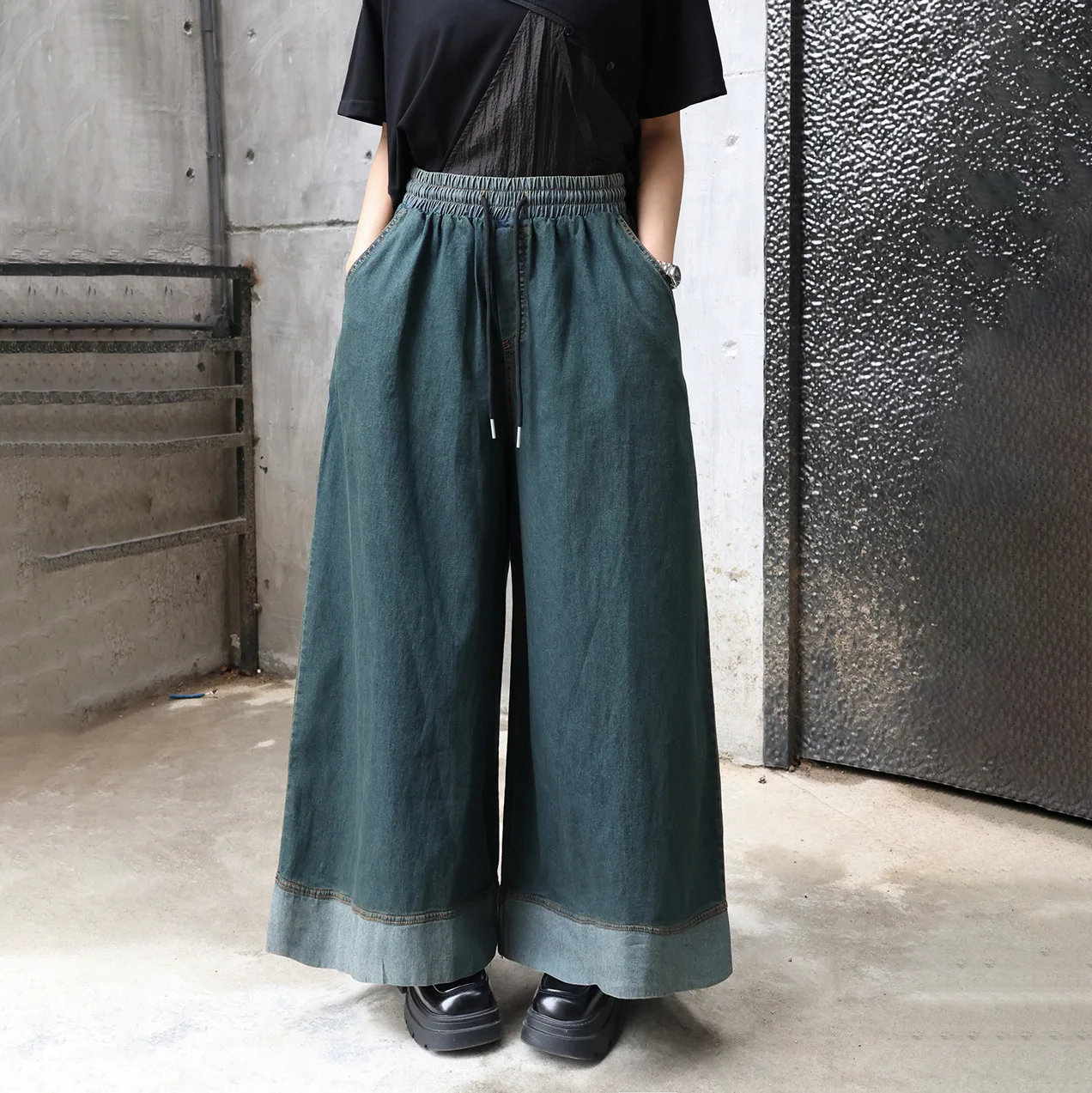 

Американские винтажные новые модные женские контрастные цвета, повседневные модные широкие свободные джинсы на шнурке, брюки, женские джинсовые брюки