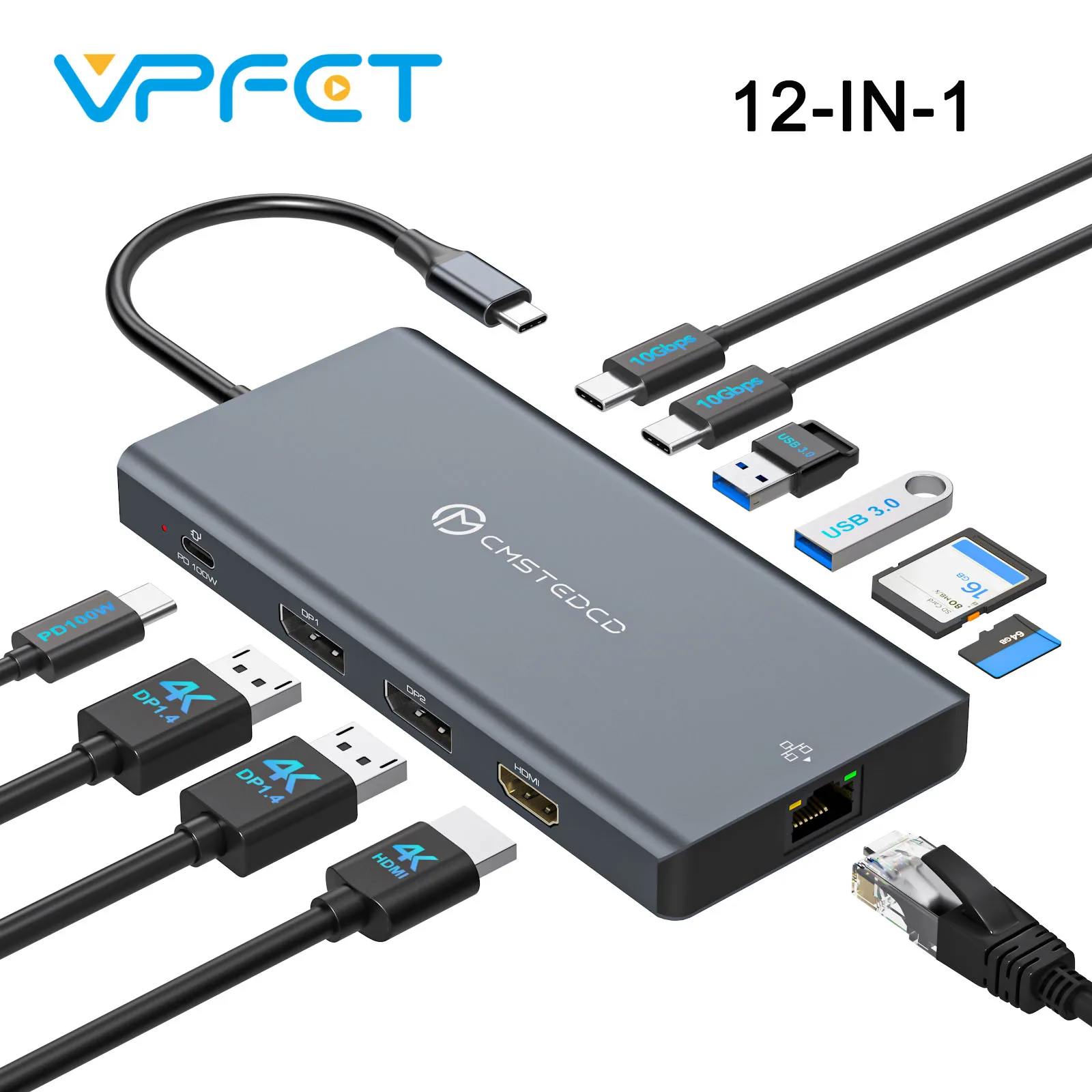 

Док-станция 12 в 1 USB C DP 4K@120 Гц HDMI 4K@60 Гц Тройные мониторы Поддержка PD 100 Вт USB 3.2 SD TF Ethernet с Windows Mac