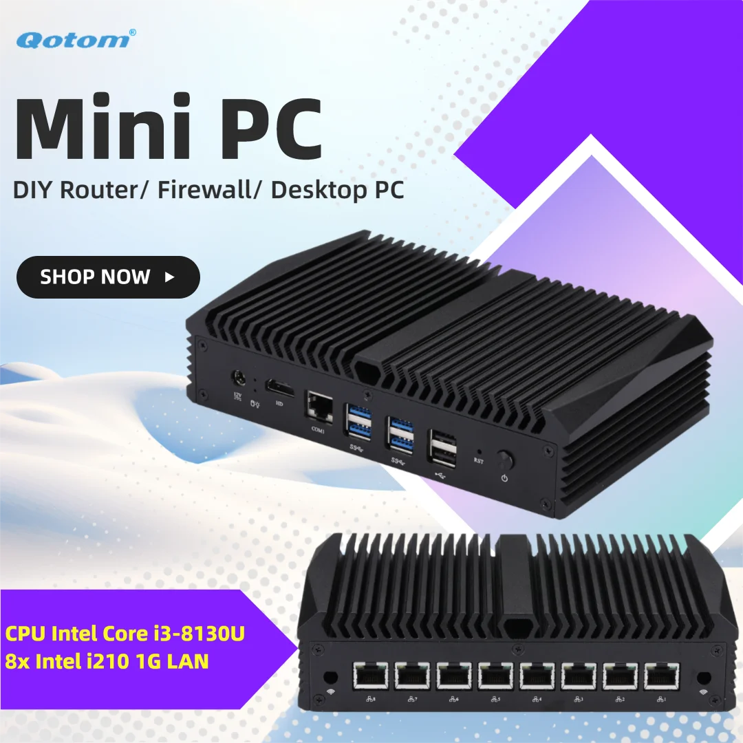 Qotom Mini PC Q838GE Core i3-8130U ثنائي النواة 2.0 جيجا هرتز 8x Intel i210 LAN إلى DIY بوابات توجيه ناعمة جدار الحماية