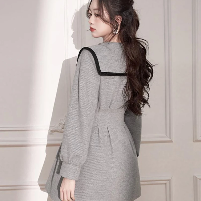 French Doll Neck Gray Dress Jacket for Women in Autumn ,New Sweet and Youthful Temperament, Waisted and Wealthy Daughter's Skirt