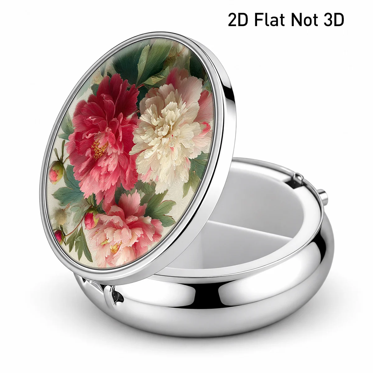 Round Metal Small Pill Box with Pink and White Peony Flower Pattern, Three-Compartment Portable Storage Box, Portable Storage Box for Small Items, Jewelry, Medicines, and Vitamins, Elegant Floral Appearance, Compartmentalized Storage for Easy Access, Compact and Portable, Suitable for Home, Travel, and Daily Use