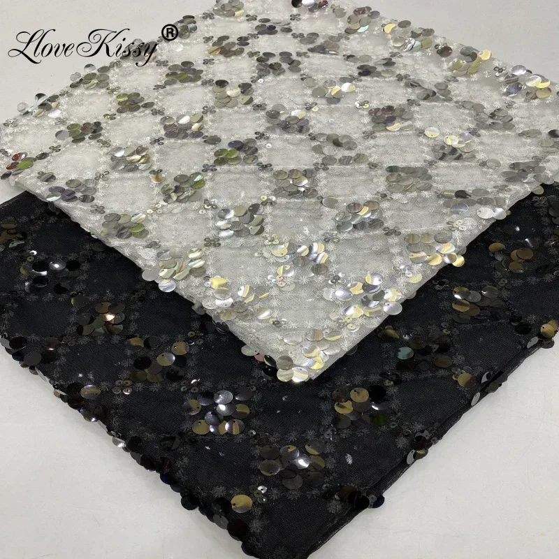 New Diamond Mesh Embroidery 5+12MM Sequin Fabric DIY Sewing Skirt Dress Popular Embroidery Glitter Fabric Width 125CM