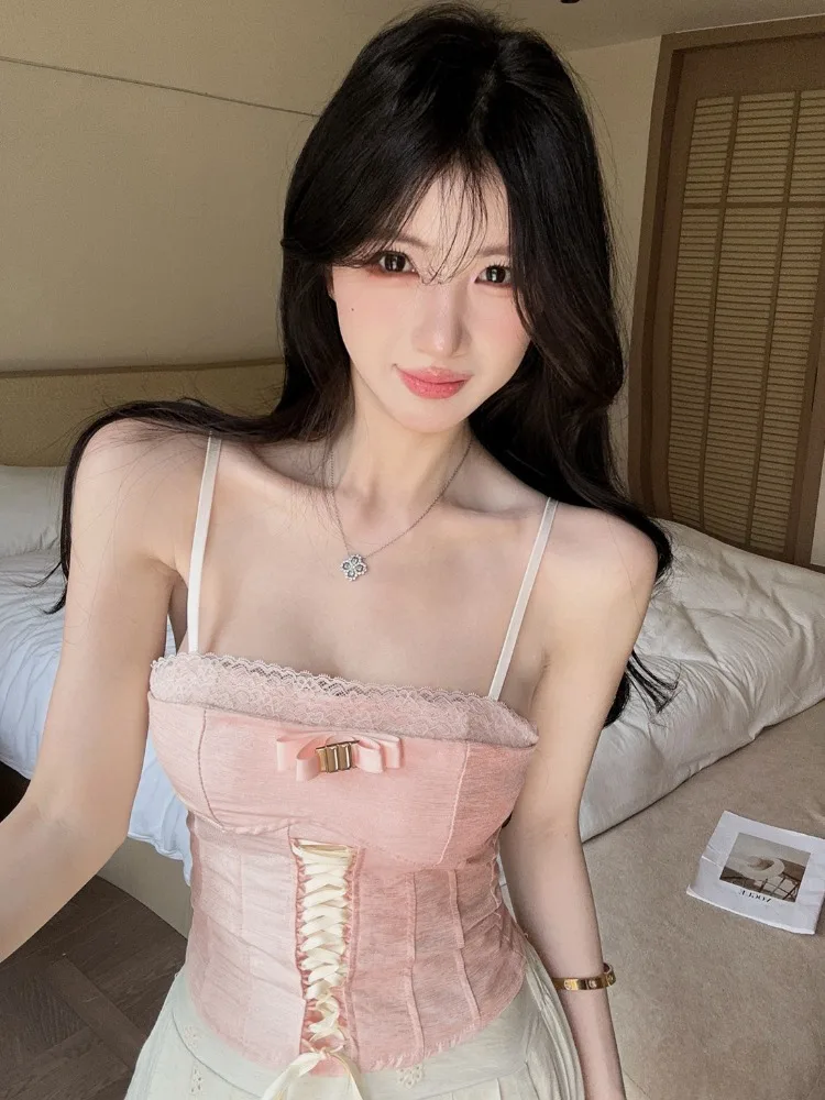 

Sweet Lace Trim Strap Vest Women's Short Style Summer New Spicy Girl Fishbone Waist Short Top Fashion Citywalk Linen Material