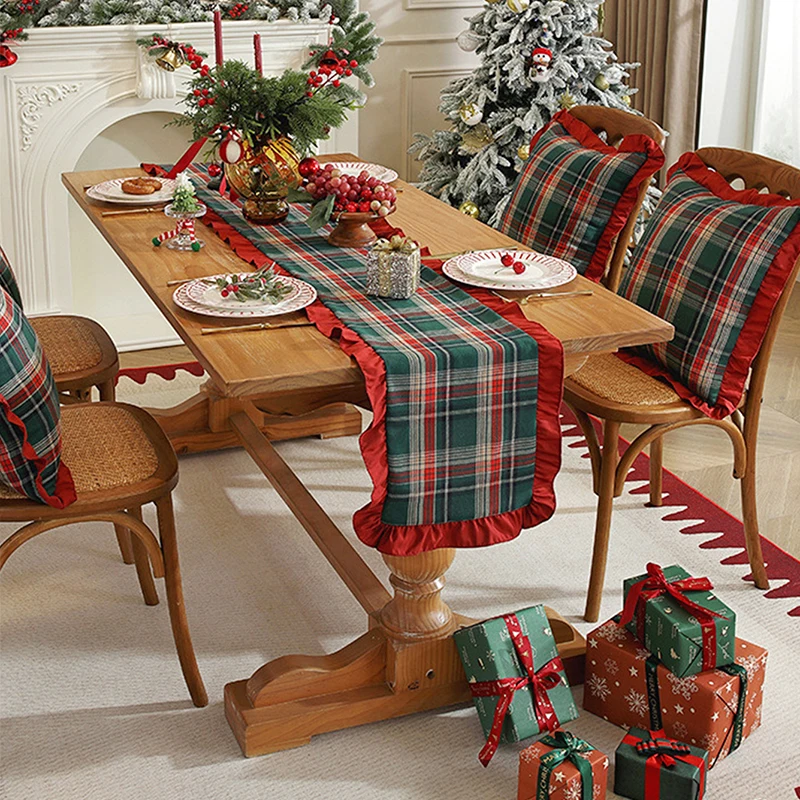 1/20Pcs Christmas Grid Color Blocked Ruffle Edge Table Flags, Suitable for Living Room, Dining Room, Holiday Parties, Gatherings