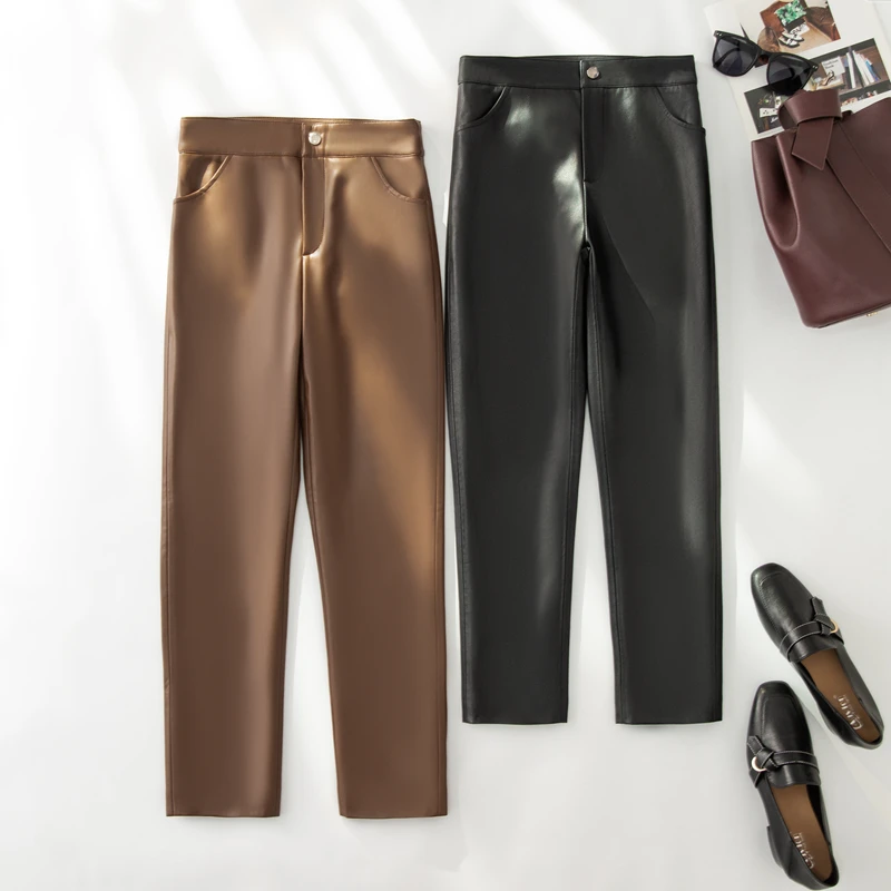 

eepskin Leather Pants High Waist Straight Leg Commute Sle Women's Faion Slimming Nine-Piece Trendy Casual Trousers