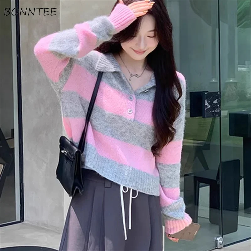 Striped Pullovers Women's Design Buttons Baggy Fashion Tops 2024 Women Ropa Elegante Para Mujer Daily Korean Style Ladies Casual