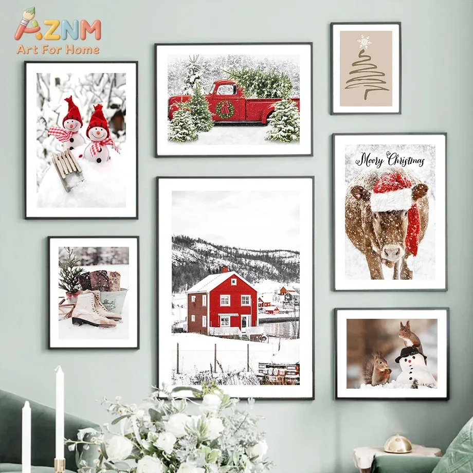 AZNM Christmas Winter Snowman Red Truck Canvas Print Festive Holiday Wall Art Decor