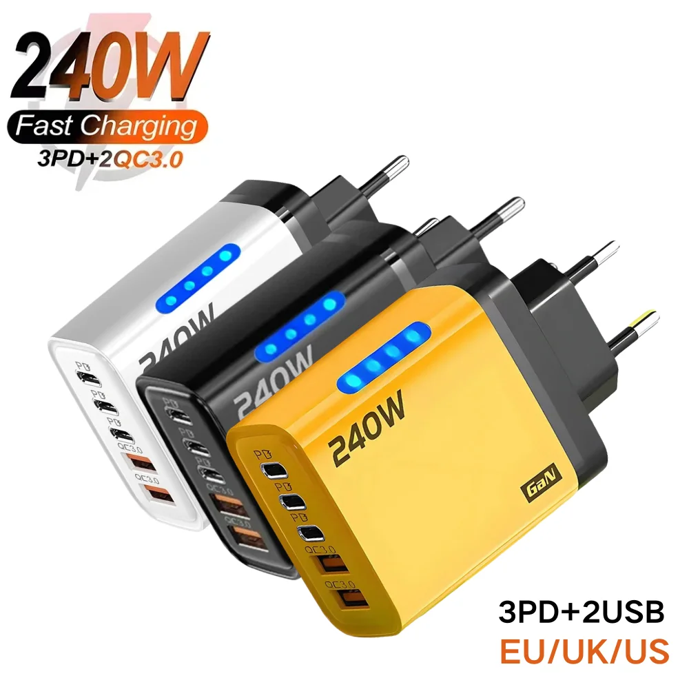 

Зарядное устройство GaN 240W USB 5 в 1 с быстрой зарядкой Type-C для мобильных телефонов Samsung, Huawei, Xiaomi, iPhone, с поддержкой быстрой зарядки PD.