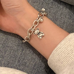 Silver Plated Light Luxury Ladies Bear Pendant Tag Charm Silver Color Bracelet Retro Thick Chain Hip Hop Bracelet Jewelry