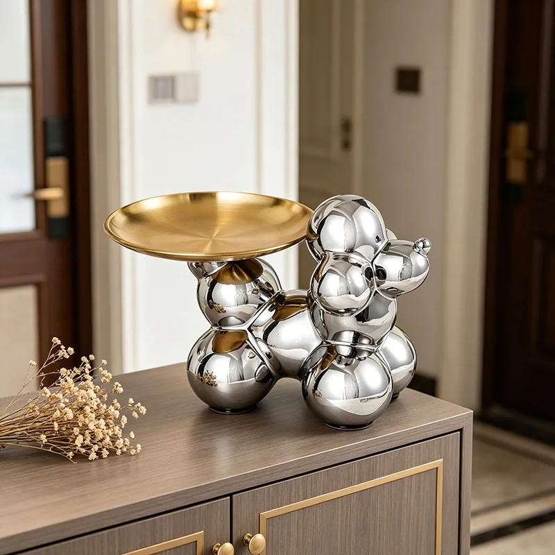 Ceramic Silver  Dog Key Tray Ornament, Home Entryway Living Room TV Stand Wine Cabinet Hotel Reception Decorative Ornament