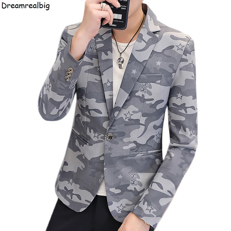 Masculino camuflagem impresso único botão blazer casual 2022 primavera outono entalhado lapela masculino fino terno casaco camo