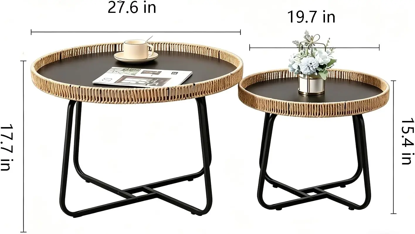 Nesting Side Coffee Table Set Round Wicker