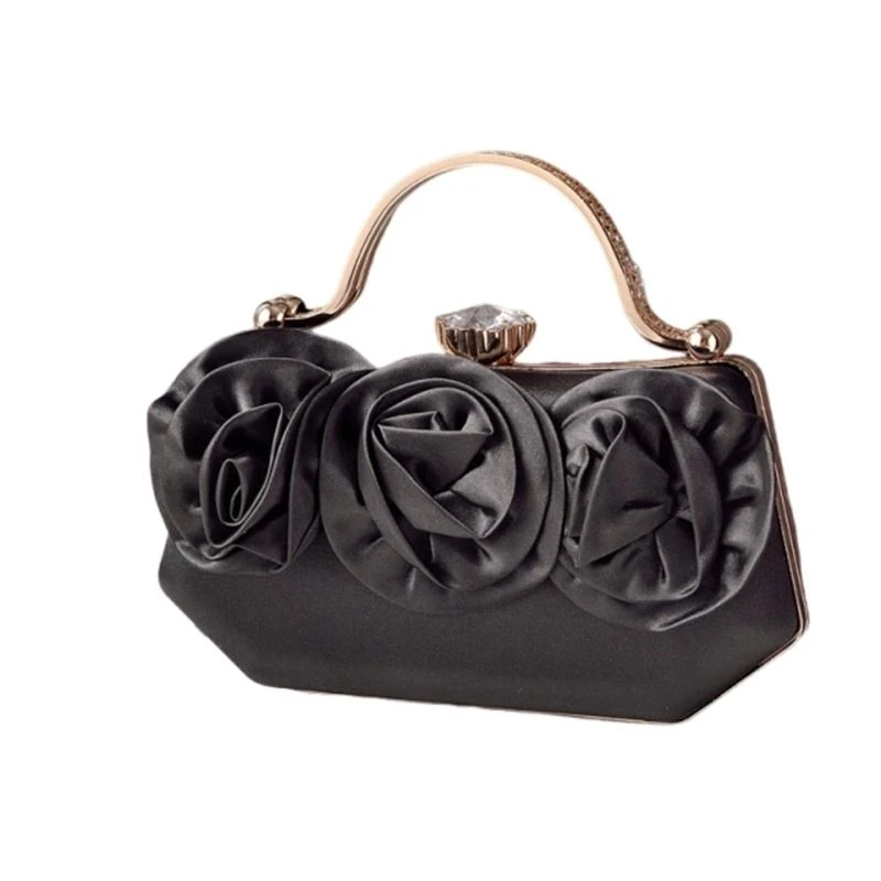 

E8FB Stylish Satins Flower Shoulder Chain Bag Evening Clutch for Fashionable Women