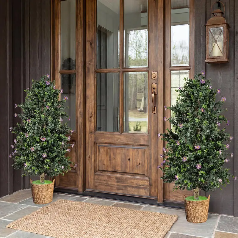

2 Pack Artificial Topiary Cone Tree Faux Potted Shrub Plant with 49 Flowers-purple