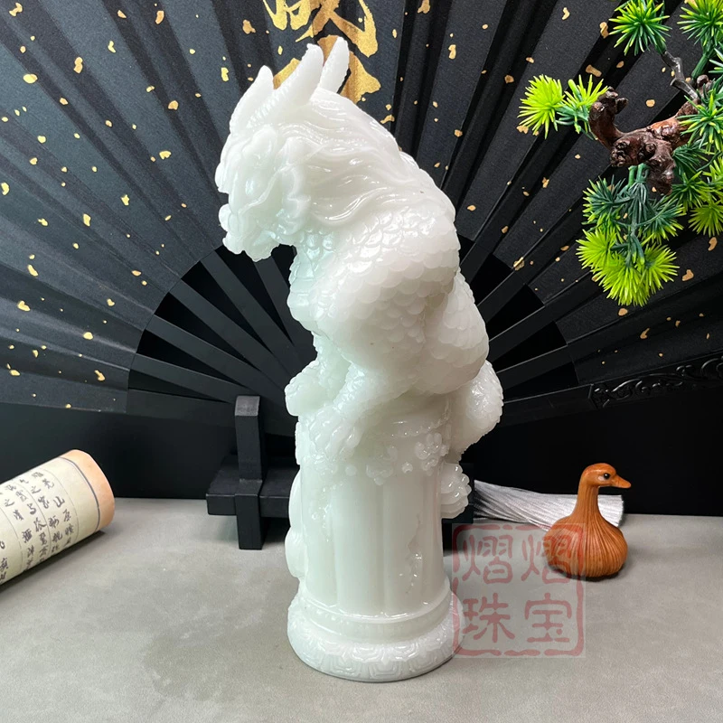 Luminous jade dragon pillar, a feng shui ornament symbolizing prosperity and the nine sons of the dragon, including the dragon C
