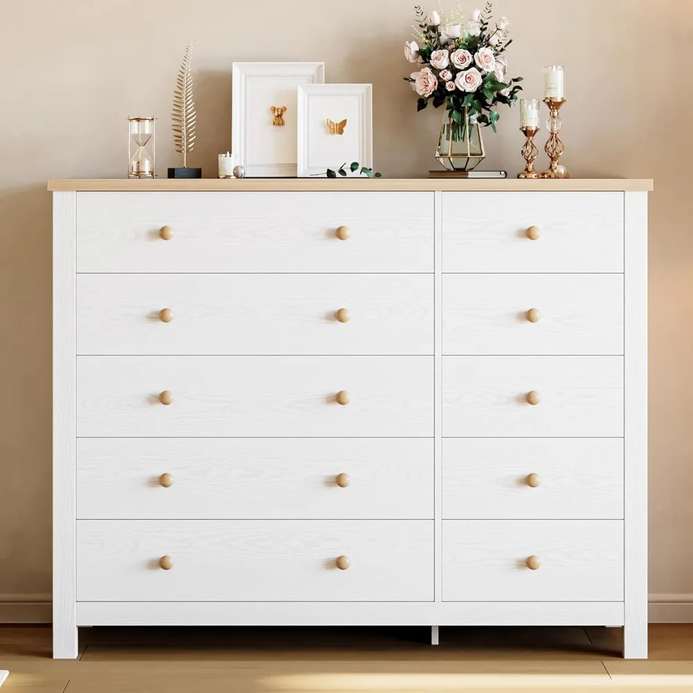 10 Drawer Contemporary White Dresser with Solid Wood Knobs for Bedroom Storage