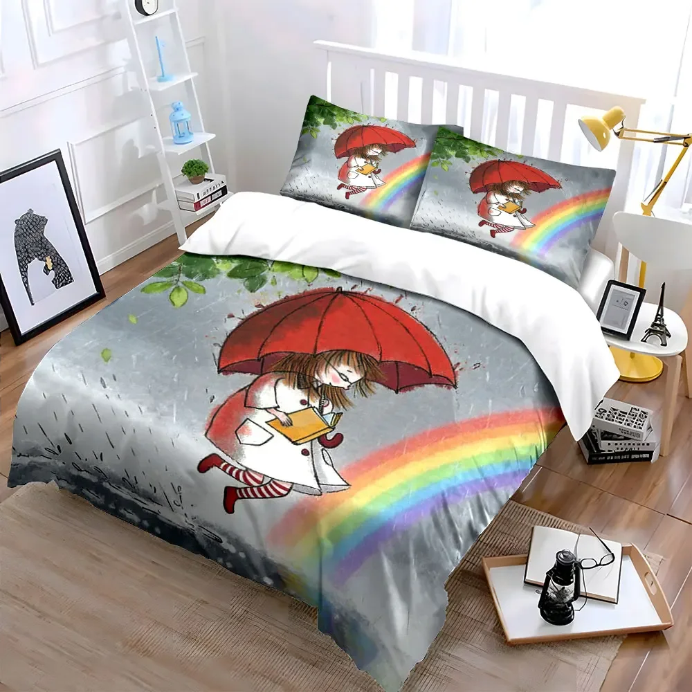 3Pcs Cute Rainy Day Bedding Set, Girl with Red Umbrella and Rainbow Print Duvet Cover + 2 Pillowcases, Whimsical Kids Decor