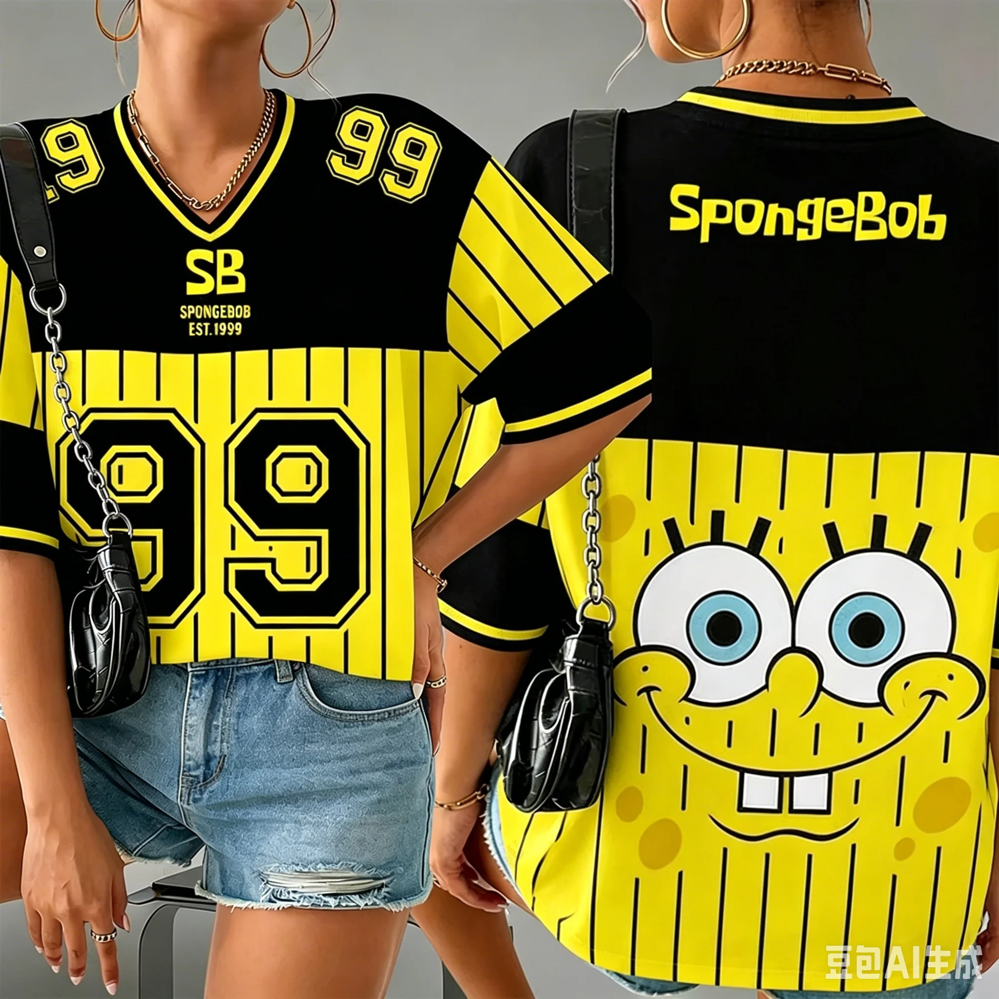 Neues SpongeBob Schwammkopf bedrucktes T-Shirt für Herren, Damen und Kinder, Eltern-Kind-Sommer-V-Ausschnitt Sport Streetwear Y2K Top – Detail 3