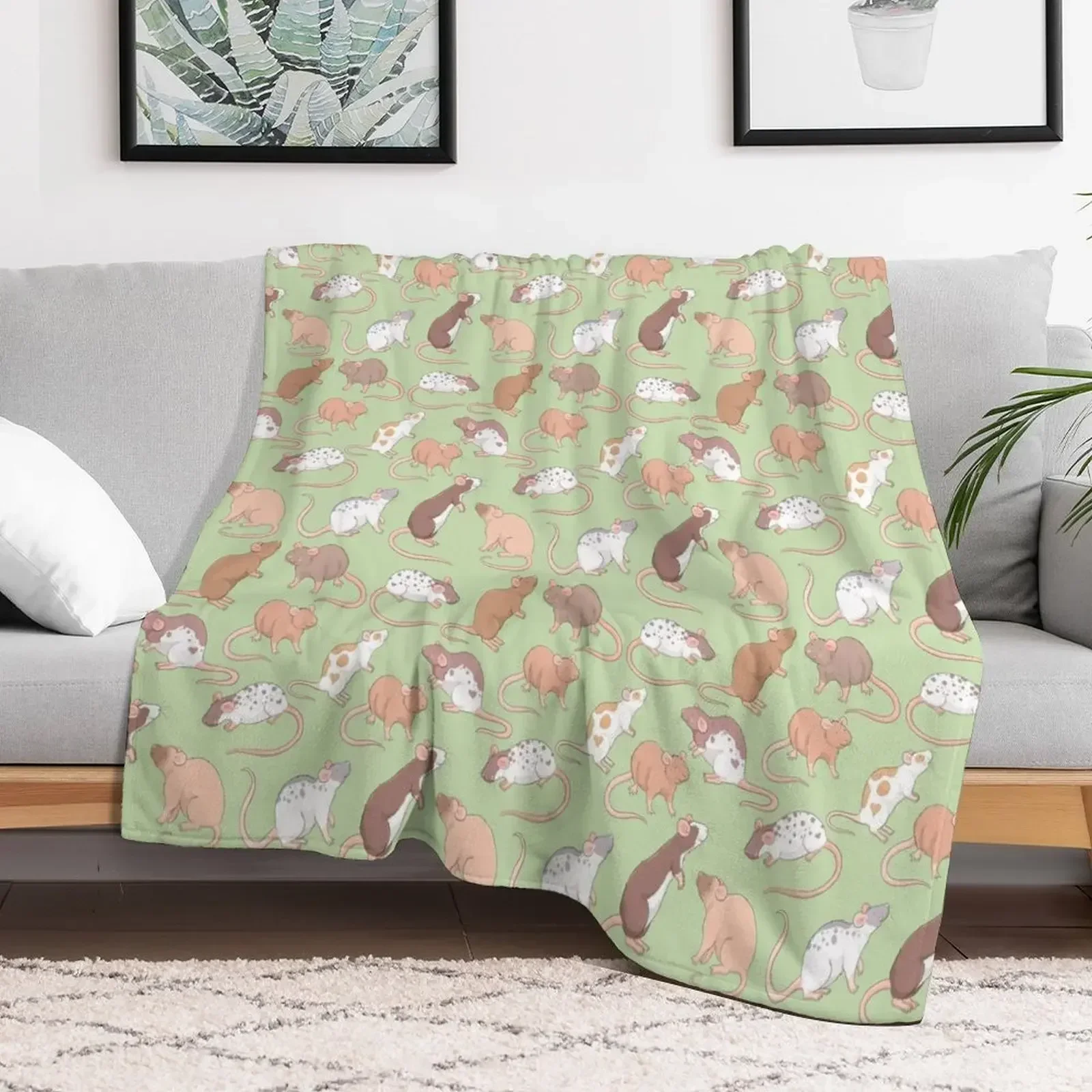 Cute Rattie rats illustration patter against green background Whimsicolour art Throw Blanket Cute Plaid Baby Blankets