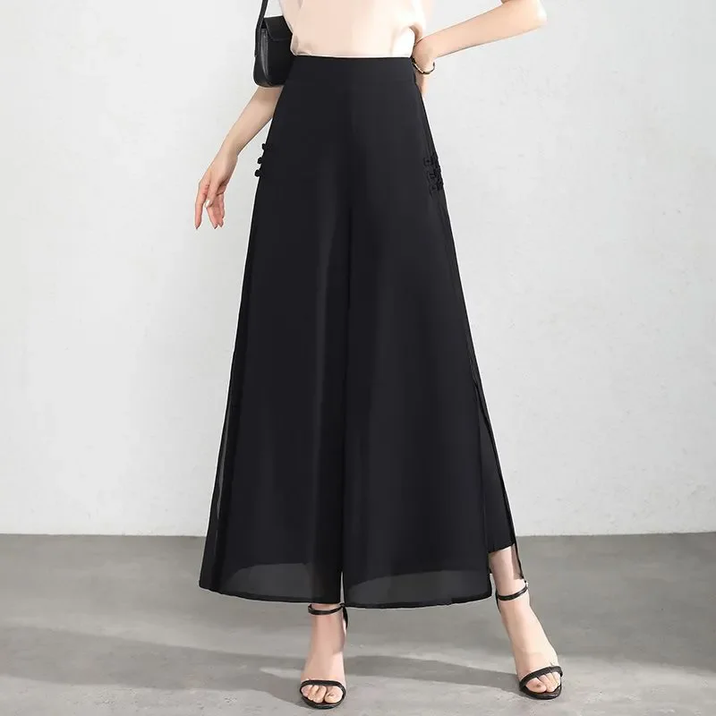Women's Chiffon Wide Leg Pants Nine Points Thin New Chinese Style Split High Waist Loose Fit Commute Style Summer Fashion