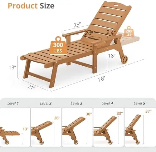 Outdoor Chaise Lounge, 5‑Position, 2‑Pack, Teak Color | HDPS Oversized Lounge Chair with Armrest & Wheels, Fade & Crack