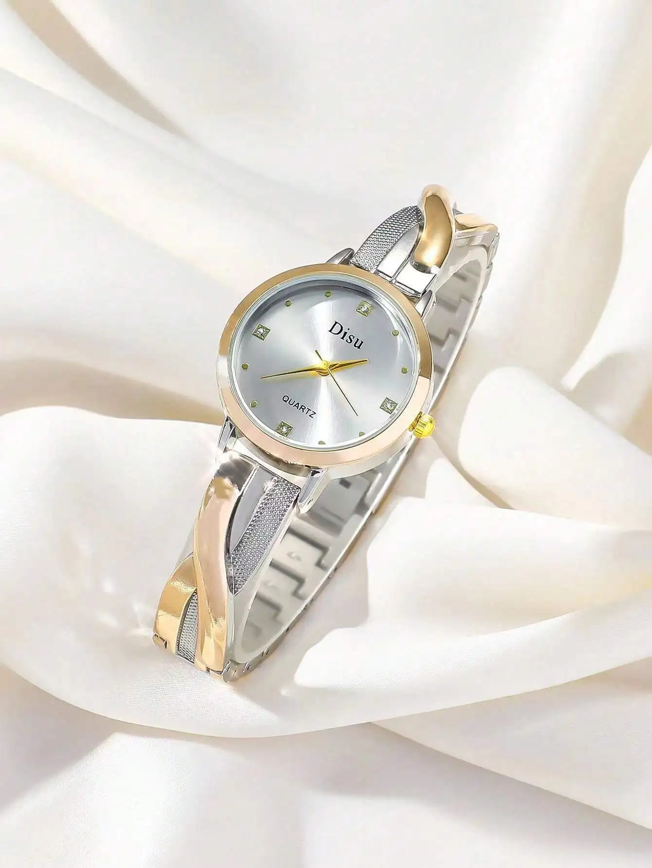 

Двухцветные кварцевые часы из нержавеющей стали с циферблатом, украшенным стразами, элегантный стиль для повседневной носки