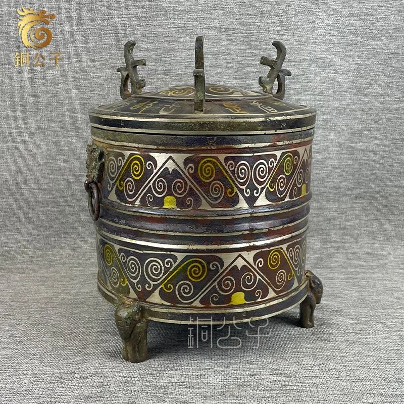 Inlaid Gold And Silver Storage Shell Antique Bronze Craft Three-Legged Round Tripod Home Copper Ornament Office Collection