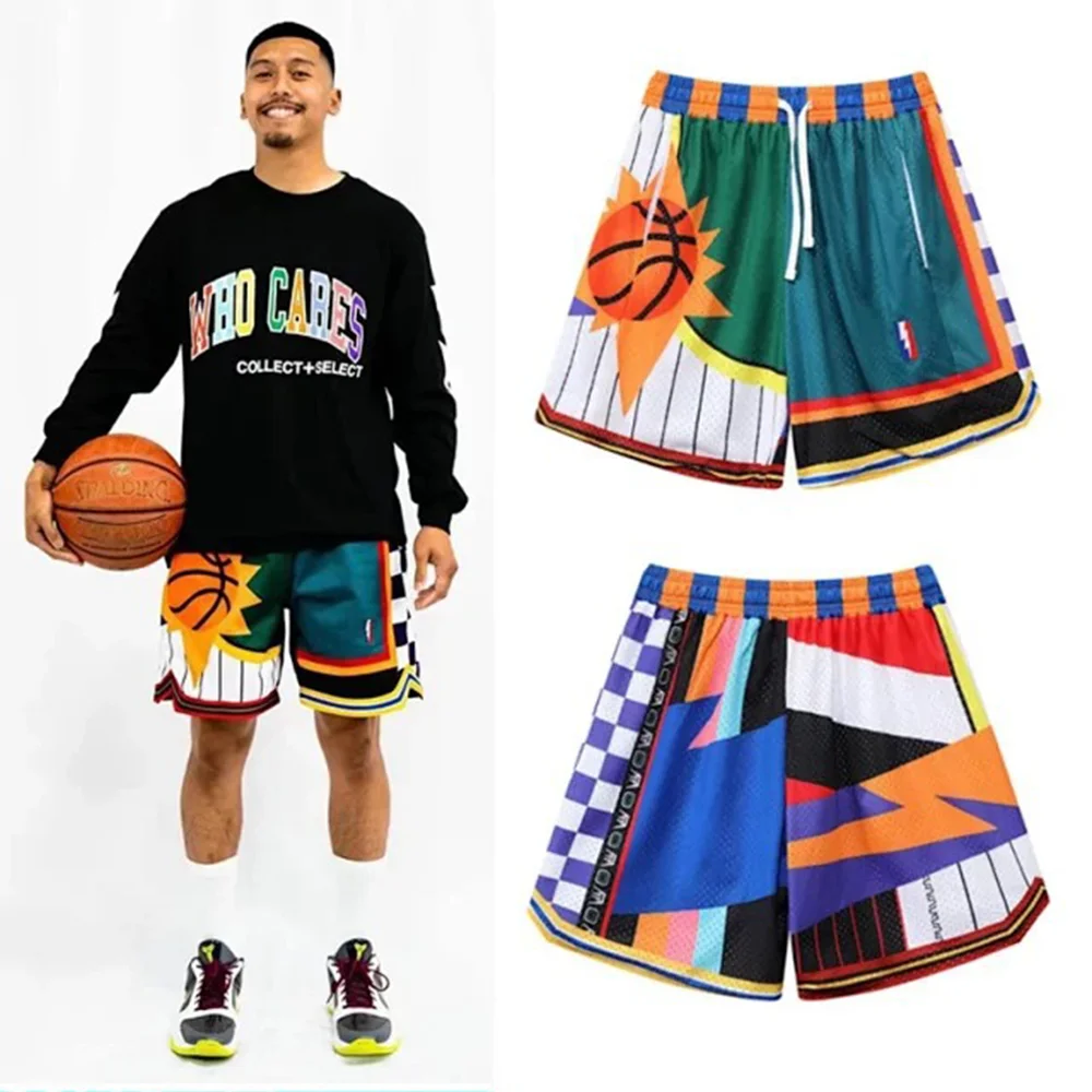 New Summer Cartoon graffiti leisure style Mesh Short Classic Floral Printed Gym Shorts Men\'s Gym Basketball Sports Beach Shorts