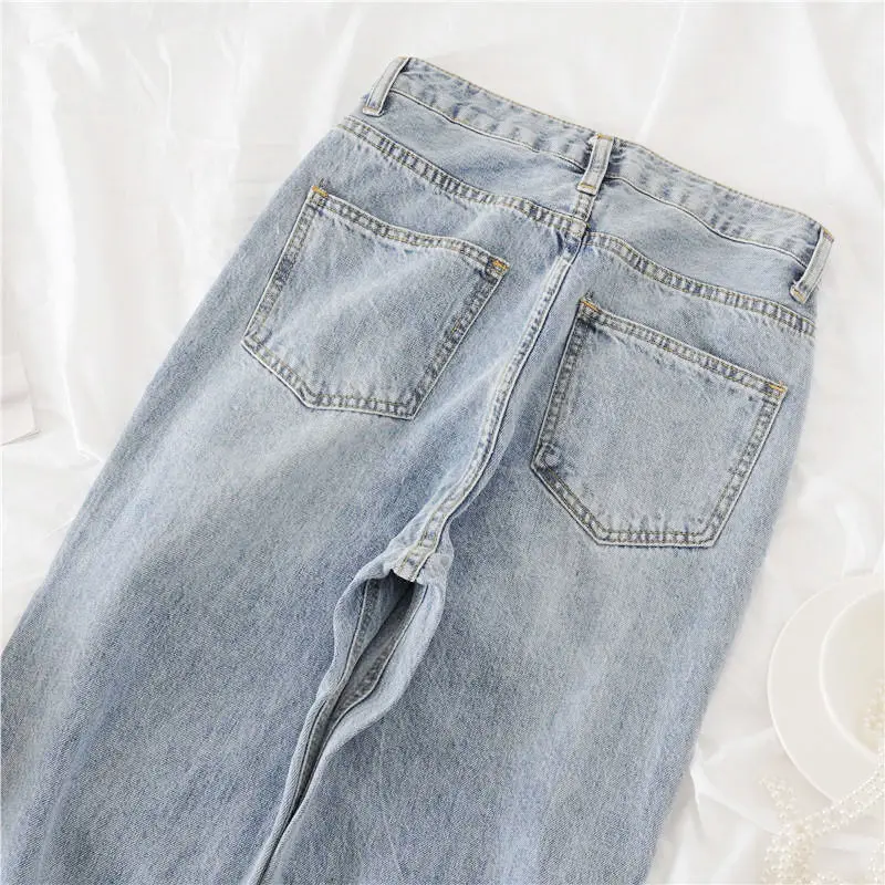 Celana Jeans Wanita Model Harem High Waist Wide Leg Straight Cut, Longgar, Panjang 9/10, Warna Biru Denim, Gaya Korea, Terbaru 2023...