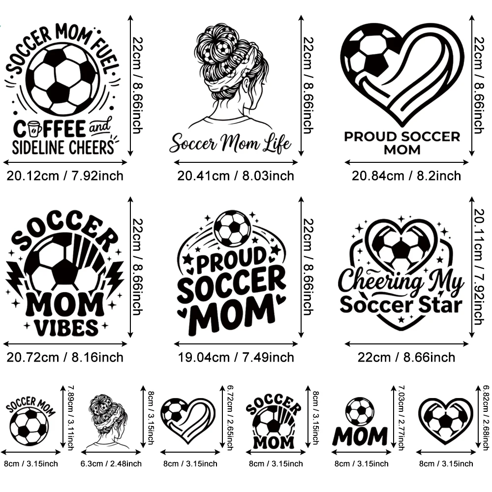 12Pcs Soccer Mom Iron-On Patches Black White Heat Transfer Stickers for Clothing T-Shirt DIY Family Cheering Decoration