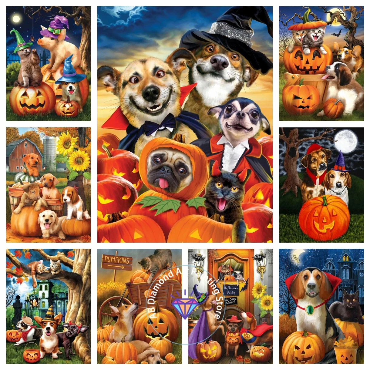 

AB Diamond Painting 5D DIY Kit Dog Animals Pumpkin Halloween Gift Cross Stitch Embroidery Jewelry Kit Bedroom Decoration Crafts